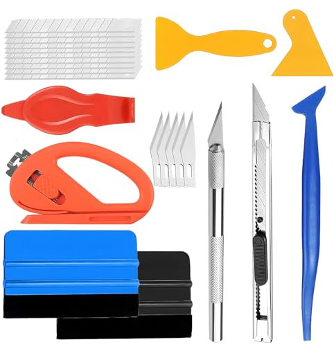 xlwens Folien Werkzeug Vinylfolienset,24-Teiliges Set,Autofolie Rakel Set,Folierungs Werkzeug Set,mit 2 Filzrakel Rakel,15-Klingen,Gravurmesser usw,24 Stück insgesamt
