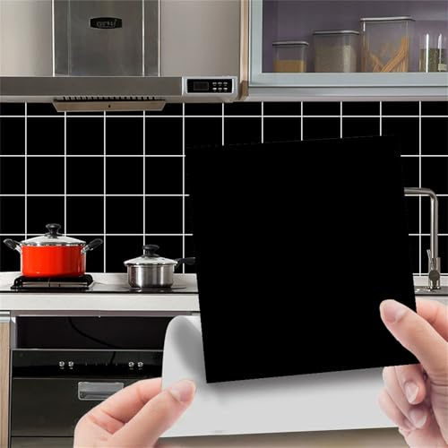 DOTBUY-SHOP Autocollant Carrelage pour Cuisine Salle de Bain, Autocollant Carreaux 15x15cm Auto-Adhésif Stickers Carrelage Résistant à la Chaleur Stickers Carreaux (Noir,50 PCS)