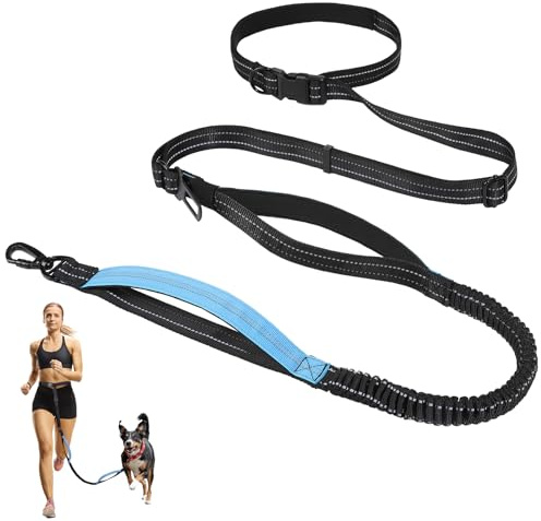 Tivray Hands Free Dog Leash, 8.2 FT Waist Leash for Walking, Jogging, Hiking, Adjustable Crossbody Belt with Double Padded Handles, Bungee Car Seatbelt Design for Medium Large Dogs, Black + Blue