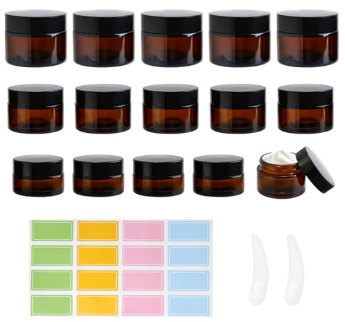 Lot de 15 boîtes vides en verre ambré à remplir avec spatule et étiquette - 20/30/50 ml - Récipients en verre marron - Pour lotion et huiles essentielles