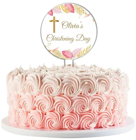 Personalised Children's Acrylic Cake Topper for Christenings, Communions & Confirmations – Custom Name with Floral Wreath Designs (Christening Day, Pink & Gold)