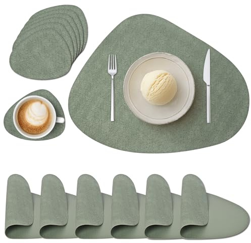 Tovagliette Americane e Sottobicchieri, Tovagliette Americana Lavabili Rotonde in Pelle PU, Tovagliette Plastica Non-scivolose Impermeabile (Set di 6, Verde)