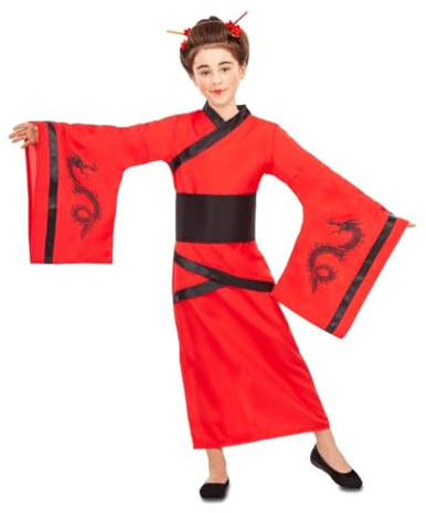 My Other Me Déguisement chinois pour fille, taille 5-6 ans. Comprend une robe rouge à manches larges et des dessins de dragons, des bords noirs, et une ceinture noire croisée. Elle se distingue par