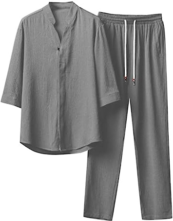Générique Men's Linen Pajama Set Tai Chi Outfit Japanese Kimono Style Pajamas Set Vintage Short Sleeve Button Down Shirt with Drawstring Pants, grey, 3XL