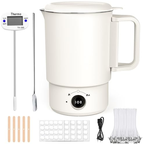 NAUQUOHZ Elektrischer Wachsschmelzer für Kerzenherstellung, Kerzen Selber Machen Set mit 800ML Wachsschmelztopf, Thermometer, Kerzendochte, Kerzen Aufkleber, Dochthalter & Rührlöffel