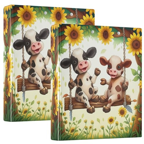 Cute Cows Swing Sunflowers 3 Rings 1.5 Binders Can Hold 200 Sheets Cute Floral Notebook Folders Round Ring Bill Binder Banknote Binder 31.5 x 27 x 6cm