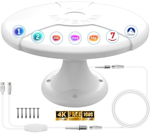 RV Antenna, Antena TV para Caravana RV Alta Ganancia, TDT HD 4K Recepción 360°, Canales Locales Gratuitos, Resistente al Agua y UV, Cable 5m, para Camping, Camper, Camión, Ático y Exterior