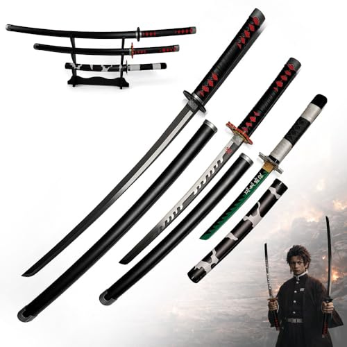 Demon Slayer Schwerter Set 3-teilig mit Ständer – Katana Wakizashi Tanto Replik Set – Anime Schwerter aus Stahl mit Holzständer Cosplay & Sammlerstück