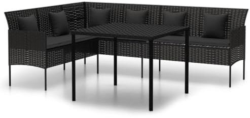 GeenYuu 2-TLG Garten-Essgruppe mit Kissen Schwarz Poly Rattan, L-Form Sofa, pulverbeschichteter Stahlrahmen, wetterfestes Garten Möbel Set für Balkon Terrasse, inklusive Tisch