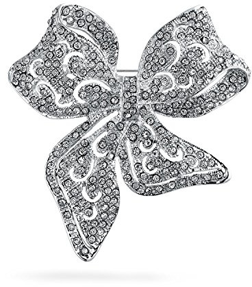 Vacaciones De Invierno De La Boda De Cristal Transparente Brillante De Moda Nupcial Gran Declaración De Filigrana Cinta Lazo Bufanda Broche Para Mujer Plateado