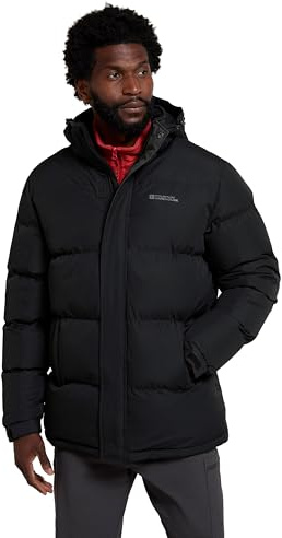 Mountain Warehouse Snow Mens Jacket - Water Resistant Raincoat, Adjustable Hood, Hem & Cuffs, Warm Puffer Coat - Best for Winter Travelling, Walking & Daily Use Black XS