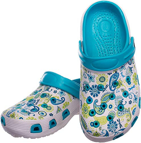 Brandsseller Sabots Femmes Chaussure de Jardin Pantoufle Plage Sandales Clogs Motif de Fleurs - Bleu/Blanc - 37 EU
