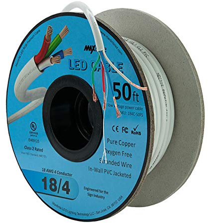 18AWG Low Voltage LED Cable 4 Conductor In-Wall Jacketed Pure Copper Speaker Wire UL/cUL Class 2 (50ft. Spool)