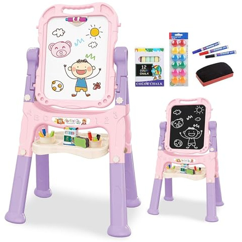 The Magic Toy Shop Kids Folding Double-Sided Magnetic Easel - 360° Rotating & Removable Drawing Board with Blackboard & Whiteboard - Magnets, Chalks, Markers, Stand - Art, Painting, & Writing (Pink)