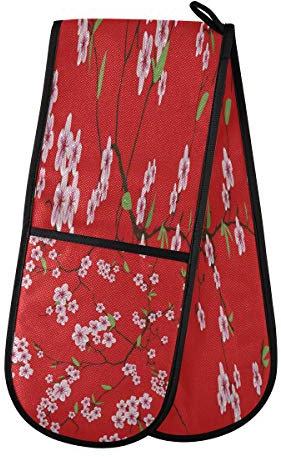 AUUXVA BIGJOKE - Mitón de horno doble acolchado de algodón, diseño de cerezo de Japones, resistentes al calor para asar a la parrilla, parrillas y sartenes