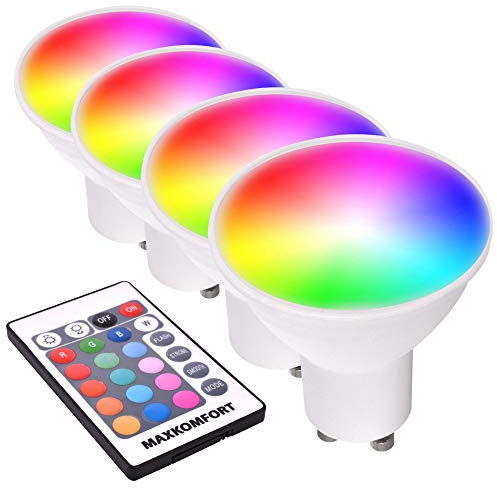 Maxkomfort 4x RGB LED Leuchtmittel GU10 4,2W warmweiß+RGBW Fernbedienung dimmbar + Farbsteuerung über Fernbedienung (4x GU10-4,2 Watt)