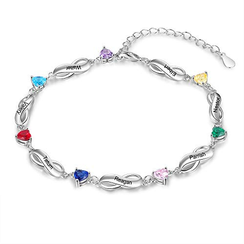 ALBERTBAND Armbänder Personalisiertes Silber Infinity Armband mit 1-7 Namen und Charms Simulierte Geburtssteine Verstellbare Armbänder für Frauen Mädchen
