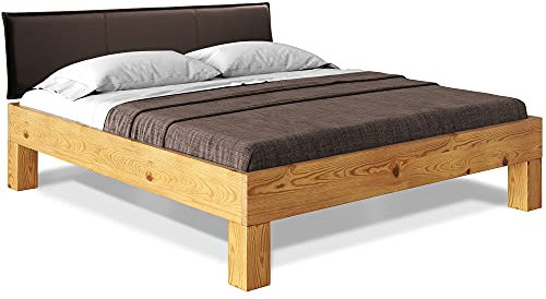 moebel-eins CURBY 4-Fuß-Bett mit Polster-Kopfteil, Material Massivholz, rustikale Altholzoptik, Fichte, 140 x 200 cm, Natur, Kunstleder Braun ohne Steppung, Standardhöhe