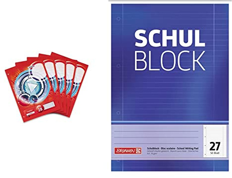 Landre Schulblock, 5er Pack, DIN A4, kariert, 50 Blatt, kopfverleimt, rot & Brunnen 1052527 Schulblock/Notizblock (A4, 50 Blatt, liniert, mit Randlinien, Lineatur 27, gelocht, kopfverleimt, 70 g/m²)