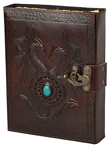 OVERDOSE Deckle Double Dragon with Stone Leather Journal - Vintage Travel Journal for Men & Women Sketch Diary Book of Shadows Handmade Vintage Deckle Edge Paper - 6 x 8 inches | 15 x 20 cm | A5