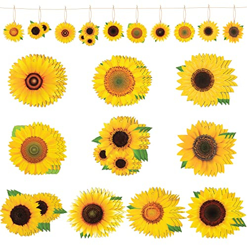 WATINC 31pcs Spring Summer Sunflower Wooden Hanging Ornament Set, Sunflowers Wood Hang Pendant Decoration, Rustic Flower Craft Gift Tag Decor with Rope for Home Garden Holiday Beach Party (10 Styles)