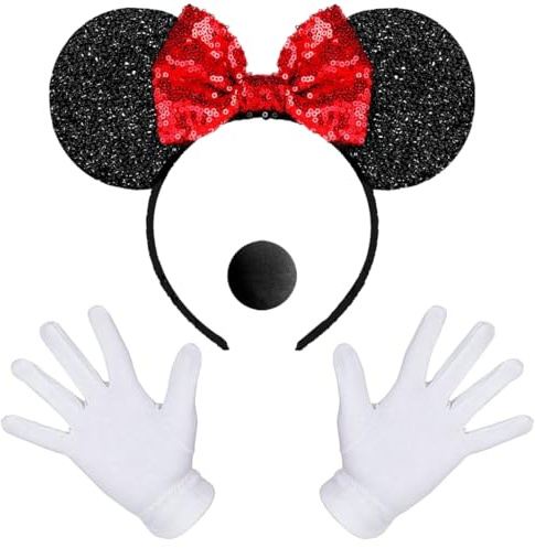 iZoeL Minni Maus Haarreifen mit Glitzer Maus Ohren Schleife Handschuhe Mouse Nase, Damen Mädchen Karneval Fasching Halloween Kostüm