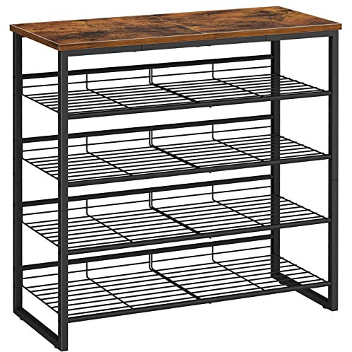 HOOBRO Schuhregal, 5-lagiger Schuhschrank, verstellbare Schuhablage, flach oder neigbar, für 12-16 Paar, stabil, für Eingang, Flur, Wohnzimmer, Schlafzimmer, Vintagebraun-Schwarz EBF08XJ01