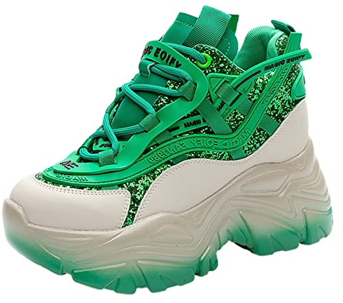 ANUFER Mujer Plataforma Alta Zapatillas Chunky Brillante Lentejuelas Moda Tacón de Cuña Zapatillas Deportivas Verde SN070147 EU38.5