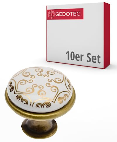 Gedotec Möbelknöpfe | Porzellan und Metall | Ø 26,5 mm I 10 Stück | Türknopf für Schränke - Messing antik Orient Gold inkl. Befestigungsmaterial I OLGA I Knöpfe für Küchenschränke