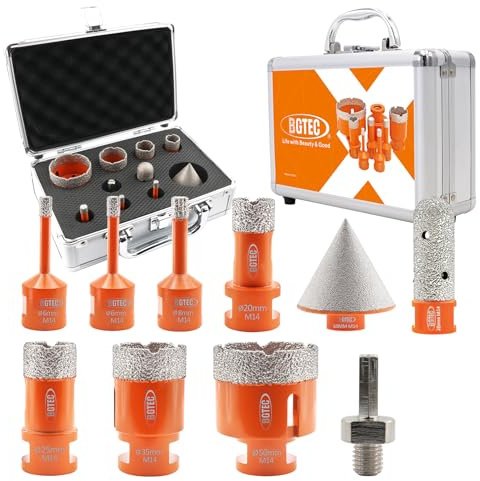 BGTEC Diamant Fliesenbohrer Set - 10Stück(6/6/8/20/25/35/35/50mm+20mm Fingerbohrer+50mm Senker+Sechskantschaftadapter) mit M14 Gewinde zum Bohren in Porzellan,Keramik,Fliesen,Granit