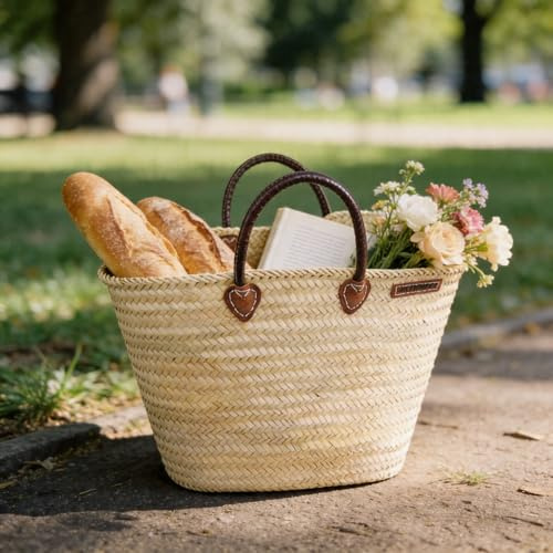 NATUREHOME Palmblatt Korb - Großer Einkaufskorb mit Ledergriff, Handgefertigt aus Naturmaterial, Strandtasche & Shopper für Markt und Urlaub