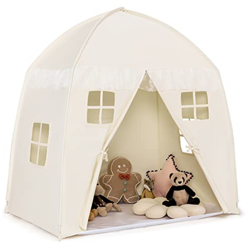 GOPLUS Spielhaus Kinder Indoor, XL Spielzelt groß 143x100x155cm, Kinderzelt mit Tragetasche, Matte, Reißverschlusstür & 4 Fenster, Kinderspielhaus mit Vorhang für für 2-3 Kinder ab 3 Jahren (Beige)