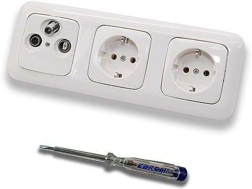 Busch Jäger Set : boîte à 3 trous encastrée 47-2150 MHz, prise de finition, compatibilité radio/TV/SAT + ReflexSi cadre triple blanc alpin + 2 prises 20EUC-214 + testeur de phase EBROM pour montage