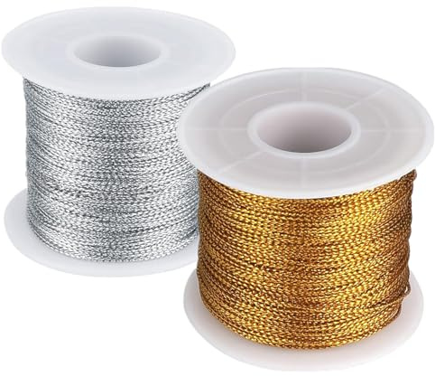 2 Rolle Metallic Kordel 0.4mm*50m Gold Silber Kordel Craft Cord Goldener Faden für Geschenkpapier Dekoration Kunsthandwerk Hängende Karte DIY Craft