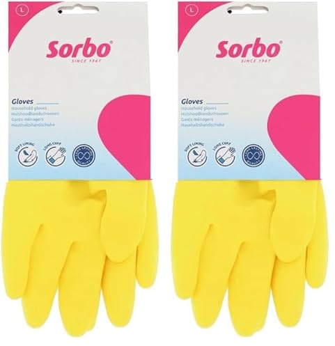Sorbo Large Household Gloves, Latex Washing Up Gloves, Soft Lining, Extra Long Cuff, Long Lasting Quality, Yellow (Pack of 2)