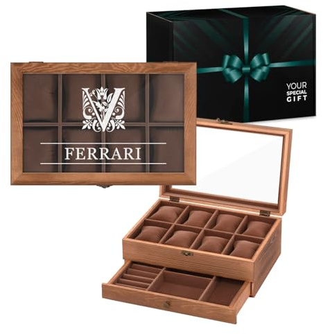 Maverton Uhrenbox mit Gravur - braune Uhren Aufbewahrungsbox für 8 Uhren mit Glasdeckel und Schublade für Schmuck - funktionale Schmuckschatulle für Frauen und Paar - 30x20x12,5cm - Monogramm | Schmuckkästchen mit 8 Fächern und Schublade, für Geburtstag, Hochzeit, Jahrestag, Briefe