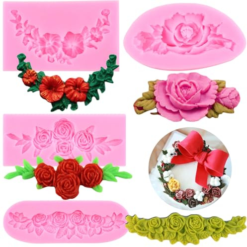 RFGHAC Lot de 4 moules en silicone en forme de couronne de roses pour décoration de gâteaux, bonbons, chocolat, pâte à sucre, pâte polymère