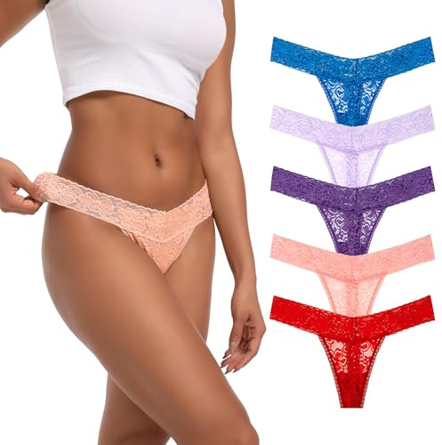 Auithery Stringtrosor för kvinnor sexig spets bomull trosor magkontroll G string string hög midja underkläder storlek XS–4XL paket 5, 5 st spetsstringar-ljusa, 3XL