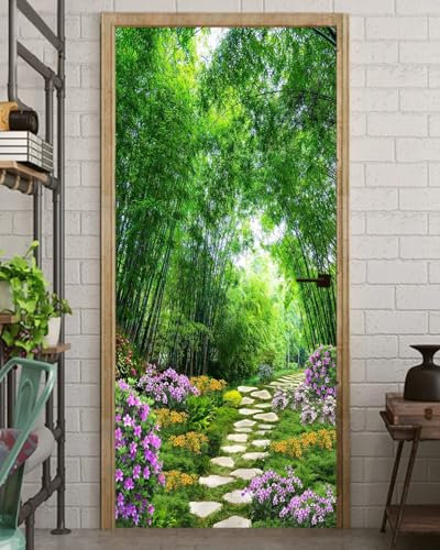 XAONUO 3D Drucken | Tür Bekleben Mit Türtapete Selbstklebend Grün Pflanzen Bücher Blumen 88X200Cm | Tür Verschönern Mit Türfolie | Türaufkleber Xxl Türbilder | Türposter Türklebefolie