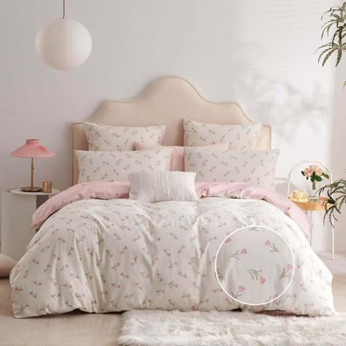Freyamy Mädchen Bettwäsche 135x200 Baumwolle Rosa Blumen Bettwäsche Set | Bettwäsche für Allergiker, Aesthetic Bettwäsche-Sets, ÖKO-TEX Bettbezug mit Reißverschluss und 1 Kissenbezug 80x80cm