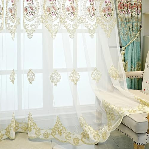 Beydodo Gardinen für Schienensystem 135x260CM, Vorhänge Weiß 2er Set Haken Nordisch Jacquard mit Gelb Blumen Motiv Gardinenschals Chenille Halbtransparent für Wohnzimmer Schlafzimmer Küche
