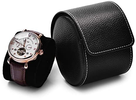 Papten Tragbare Einzeluhr-Uhr Box Reise-Uhrenetui 1 Slot Uhrenrolle,Schwarz | Leder einzelne Uhr Box Uhr Geschenk Fall für Männer Frauen Hochzeitsgeschenk & Reisestorage,Uhrenetui