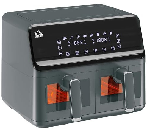 HOMCOM Freidora de aire freidora sin aceite aire freidora doble compartimento 8L - 2500W - 8 programas, pantalla LED, temperatura ajustable, temporizador - gris