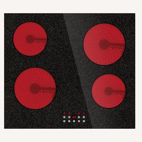 STARCHARTS Placa de cerámica integrada, cocina eléctrica de vidrio Italia ILVA, 4 quemadores, potencia total 6000 W, 9 niveles de potencia de cocción, tiempo, Childlock