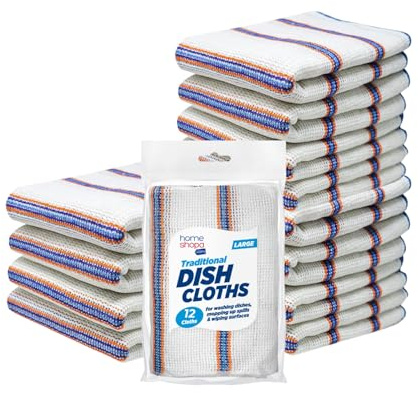 HOMESHOPA Dish Cloths, 12 Pack Cotton Antibacterial Super Absorbent Lint Free, Quick Dry Striped Kitchen Towels, Washing Up Dishcloths, 34 X 34cm