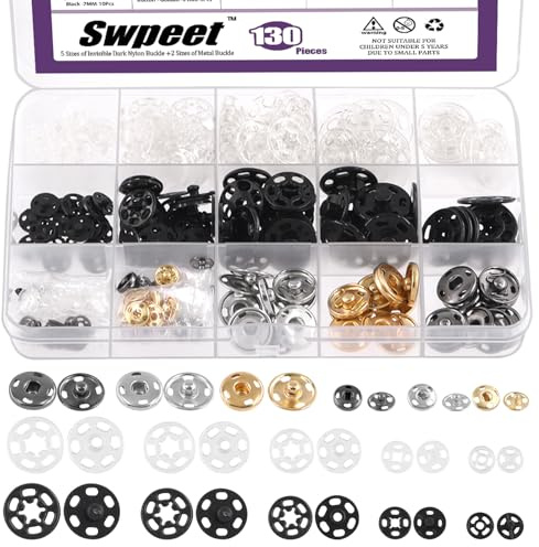 Swpeet Plastic Clothes Hidden Button Clear Press Studs Snap Fasteners for Clothing Fabric 130 Sets 7mm-20mm Kunststoff und Metall Nähen Druckknöpfe Sortiment Kit, unsichtbare klare Druckknöpfe