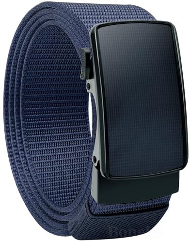 Boneke Cintura a cricchetto da uomo, Cintura tattica in nylon Web con fibbia scorrevole automatica, cintura invisibile non perforata da uomo è adatta per Jeans e Golf Blu