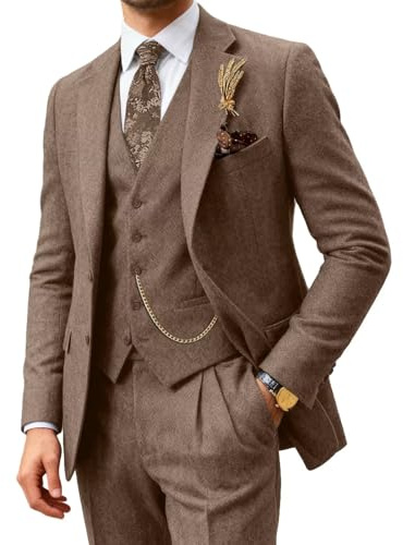 Mens Tweed Herringbone Tuxedos Slim Fit 3 Pieces Blazer Suit Mens Wedding Suit Dress Tuxedos Prom Suit Jacket Vest Pants Brown-2XL