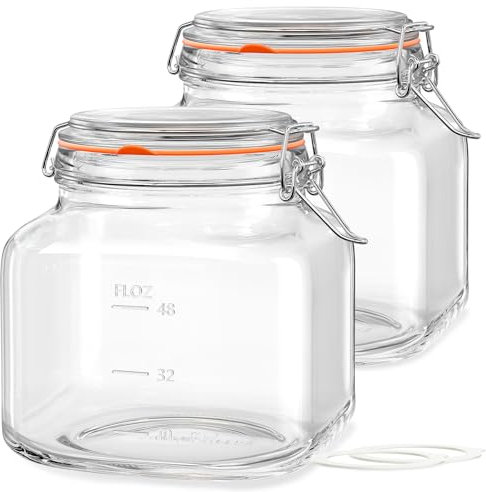 Absovetu 2 Pack Clip Top Glass Jars with Lids Airtight 2.4L - Large Storage Jars Wide Mouth Mason Jars Square Cookie Jar for Cereal Sweet Jam Biscuit Pickling Coffee