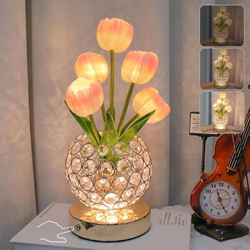 Tulip Flower Lamps, 3 Colors Touch Stepless Dimming Crystal Night Light, Rechargeable Artificial Flower Light, LED Flower with Vase Lamp Romantic Decor for Date Party Home (Tulip1-Pink)